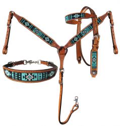Showman Argentina Cow Leather Headstall and breast collar 3 piece set with turquoise aztec beaded inlay